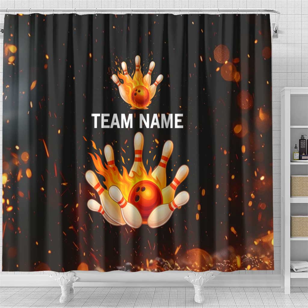 Flaming Bowling Ball Design Shower Curtain with Strike Pins and Glowing Fire Sparks on Dark Background - Wonder Print Shop