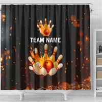 Flaming Bowling Ball Design Shower Curtain with Strike Pins and Glowing Fire Sparks on Dark Background - Wonder Print Shop