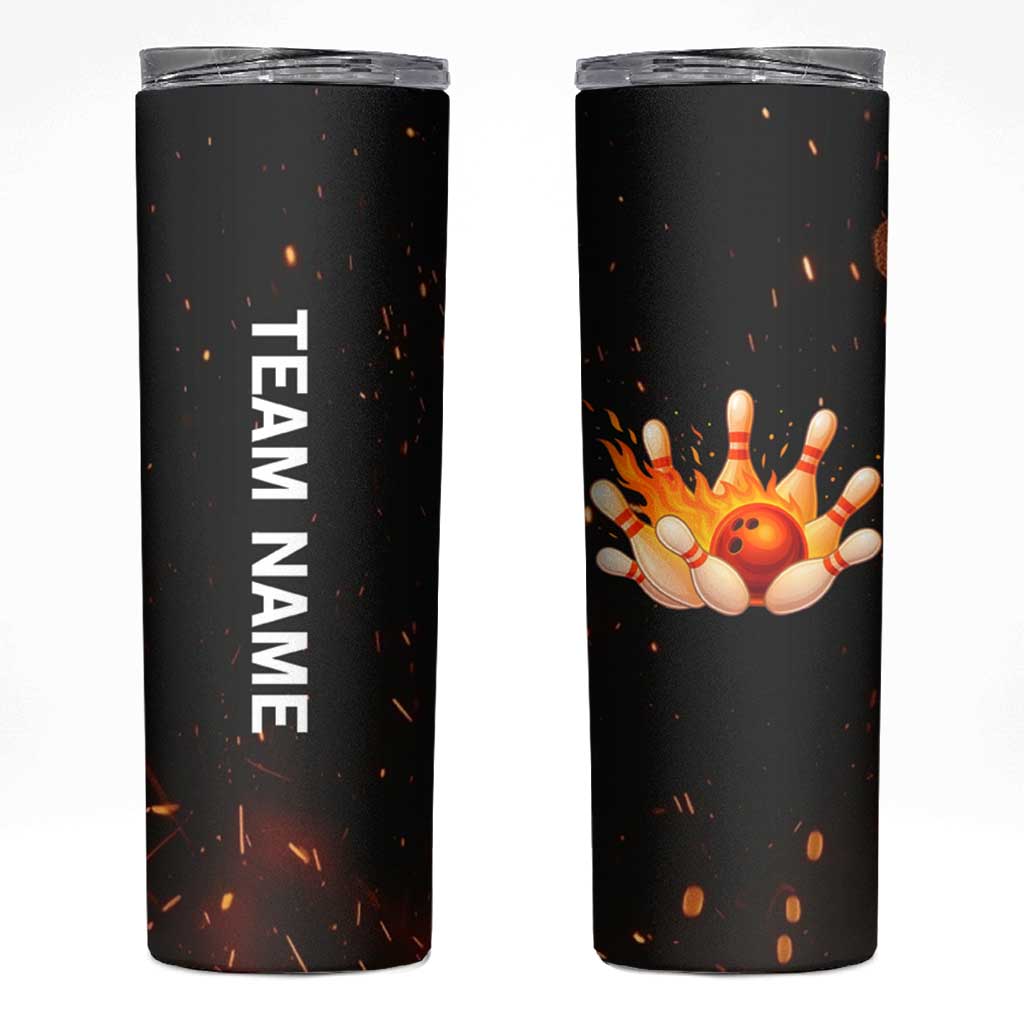 Flaming Bowling Ball Design Skinny Tumbler with Strike Pins and Glowing Fire Sparks on Dark Background - Wonder Print Shop
