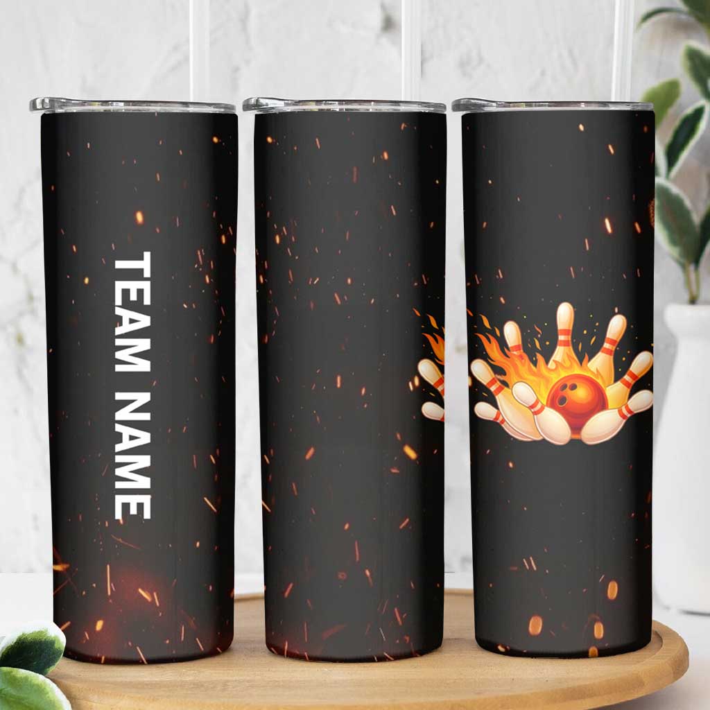 Flaming Bowling Ball Design Skinny Tumbler with Strike Pins and Glowing Fire Sparks on Dark Background - Wonder Print Shop