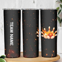 Flaming Bowling Ball Design Skinny Tumbler with Strike Pins and Glowing Fire Sparks on Dark Background - Wonder Print Shop