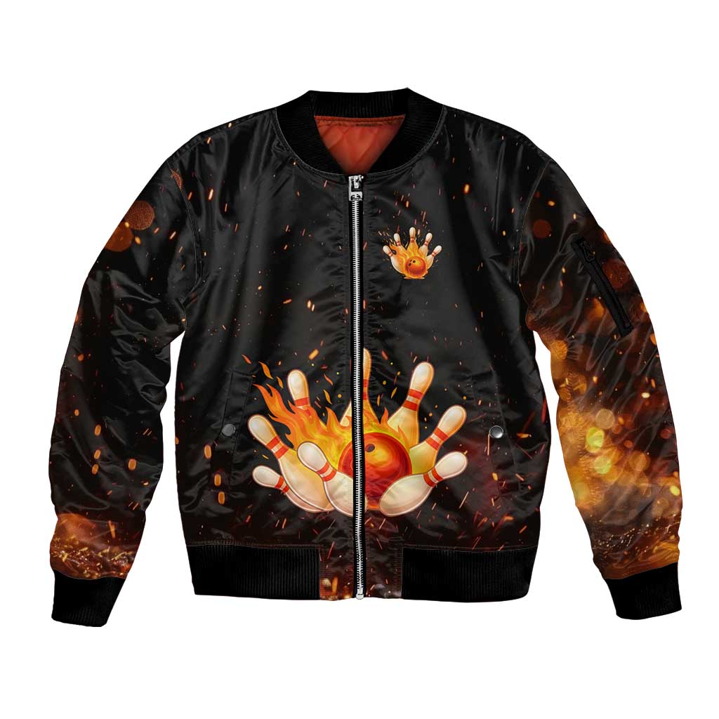 Flaming Bowling Ball Design Sleeve Zip Bomber Jacket with Strike Pins and Glowing Fire Sparks on Dark Background - Wonder Print Shop