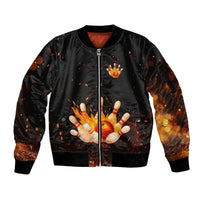 Flaming Bowling Ball Design Sleeve Zip Bomber Jacket with Strike Pins and Glowing Fire Sparks on Dark Background - Wonder Print Shop