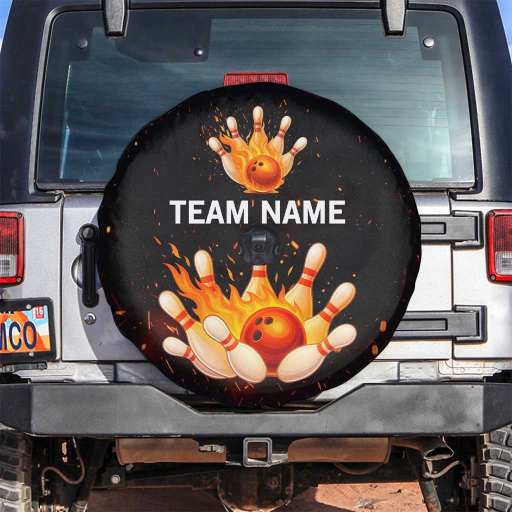 Flaming Bowling Ball Design Spare Tire Cover with Strike Pins and Glowing Fire Sparks on Dark Background - Wonder Print Shop