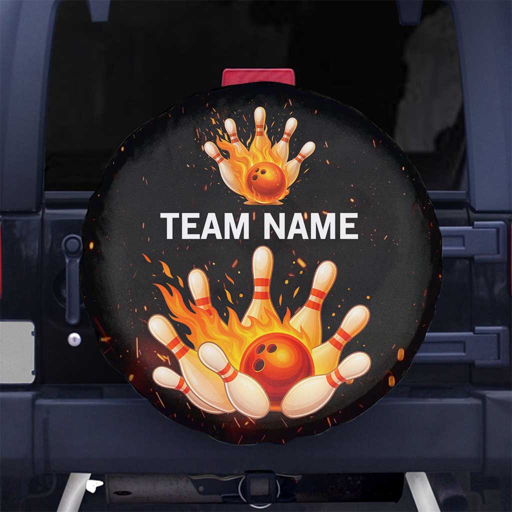 Flaming Bowling Ball Design Spare Tire Cover with Strike Pins and Glowing Fire Sparks on Dark Background - Wonder Print Shop