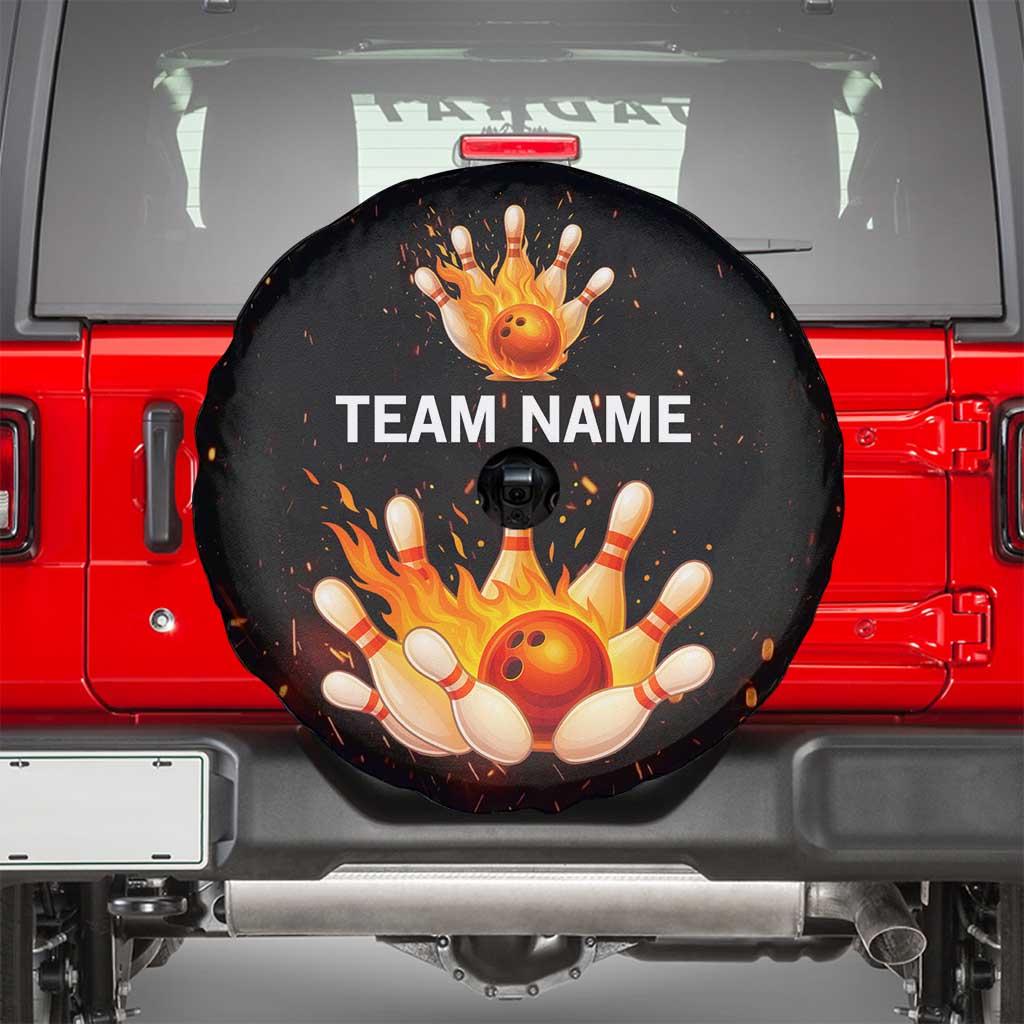 Flaming Bowling Ball Design Spare Tire Cover with Strike Pins and Glowing Fire Sparks on Dark Background - Wonder Print Shop