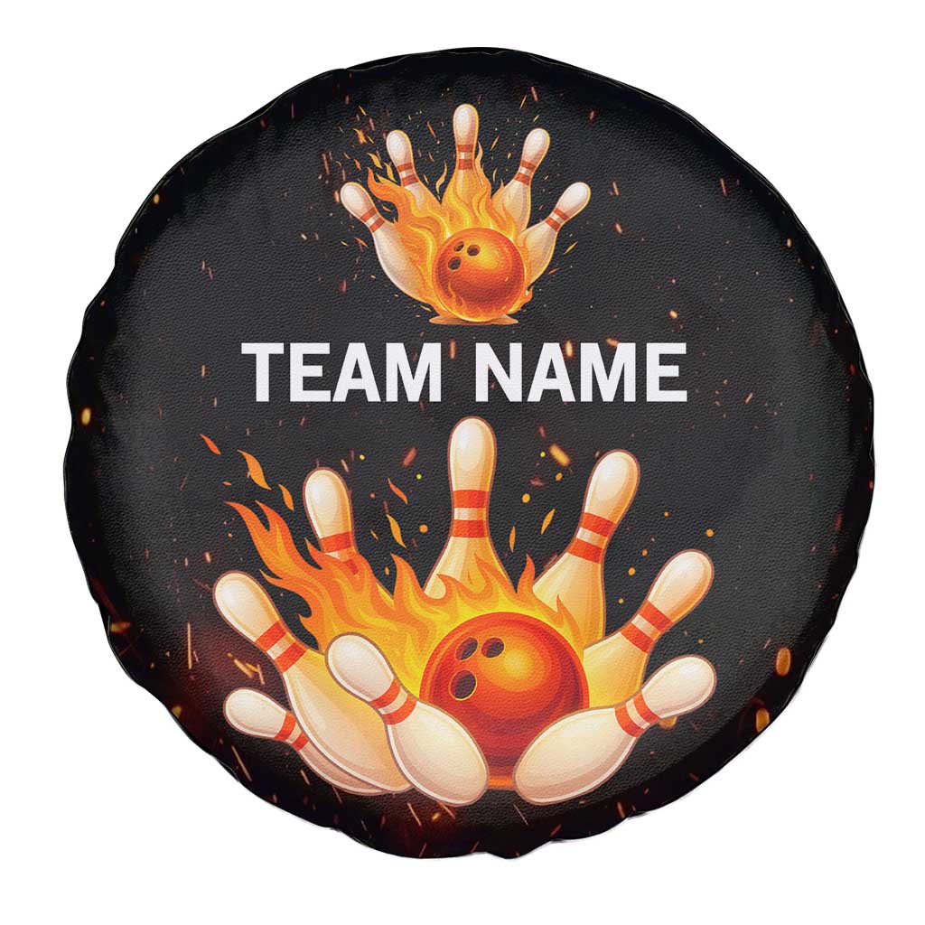 Flaming Bowling Ball Design Spare Tire Cover with Strike Pins and Glowing Fire Sparks on Dark Background - Wonder Print Shop