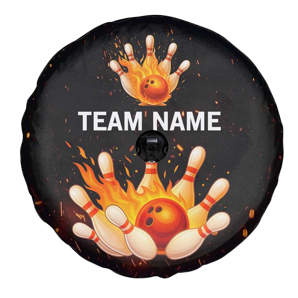 Flaming Bowling Ball Design Spare Tire Cover with Strike Pins and Glowing Fire Sparks on Dark Background - Wonder Print Shop