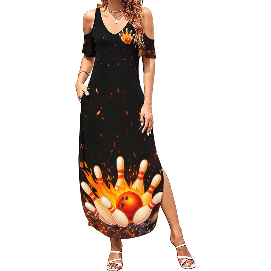 Flaming Bowling Ball Design Summer Maxi Dress with Strike Pins and Glowing Fire Sparks on Dark Background - Wonder Print Shop