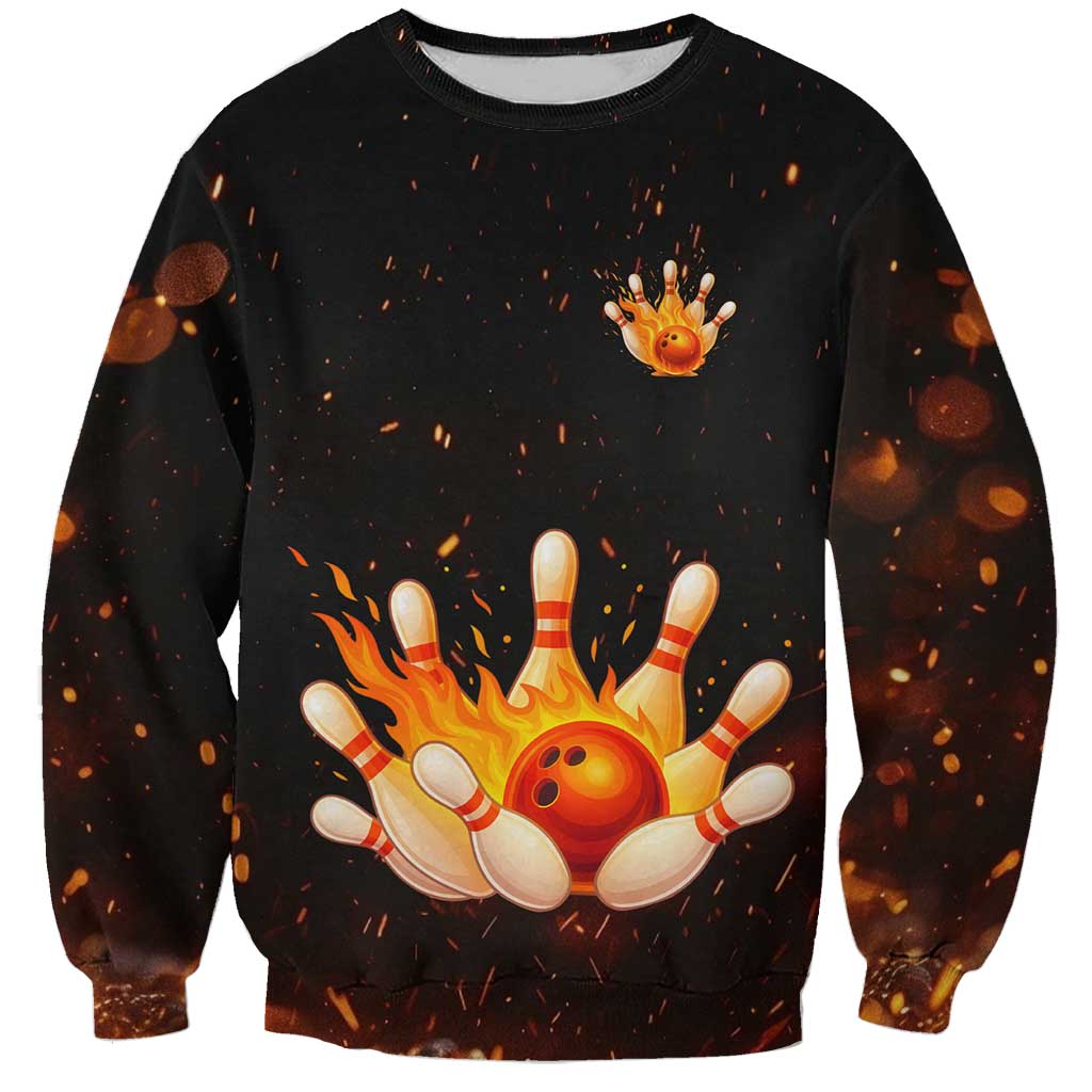 Flaming Bowling Ball Design Sweatshirt with Strike Pins and Glowing Fire Sparks on Dark Background - Wonder Print Shop