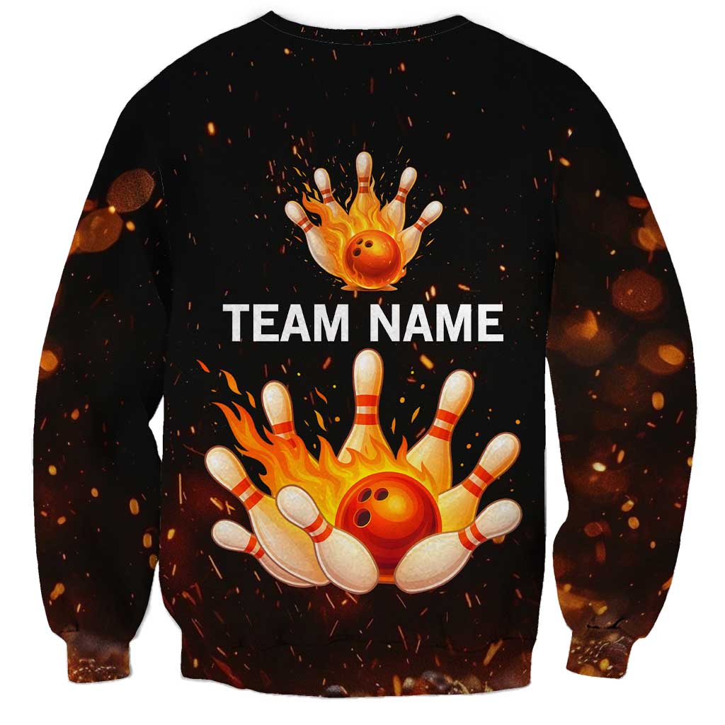 Flaming Bowling Ball Design Sweatshirt with Strike Pins and Glowing Fire Sparks on Dark Background - Wonder Print Shop