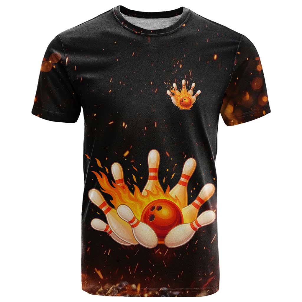 Flaming Bowling Ball Design T Shirt with Strike Pins and Glowing Fire Sparks on Dark Background - Wonder Print Shop
