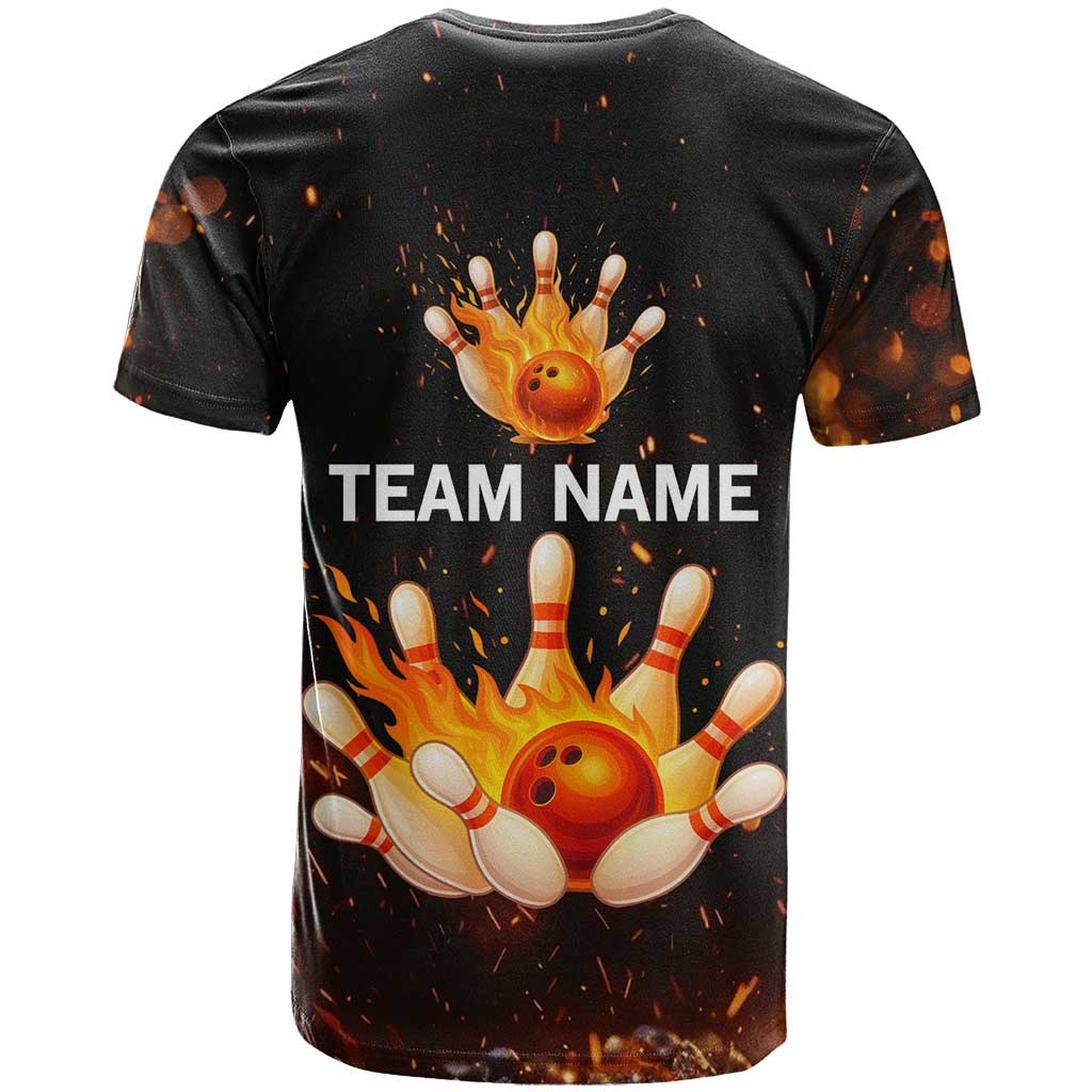 Flaming Bowling Ball Design T Shirt with Strike Pins and Glowing Fire Sparks on Dark Background - Wonder Print Shop