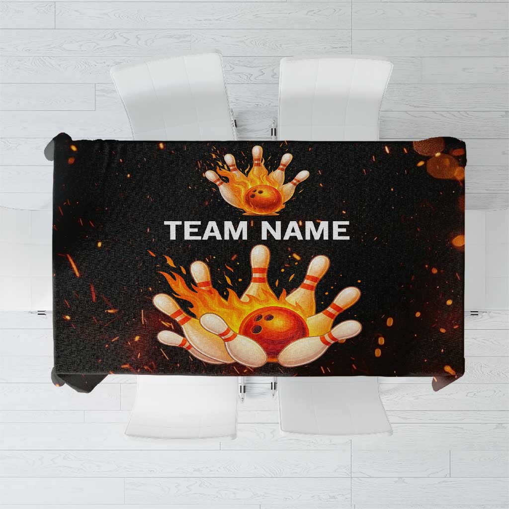 Flaming Bowling Ball Design Tablecloth with Strike Pins and Glowing Fire Sparks on Dark Background - Wonder Print Shop
