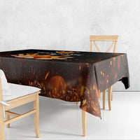 Flaming Bowling Ball Design Tablecloth with Strike Pins and Glowing Fire Sparks on Dark Background - Wonder Print Shop