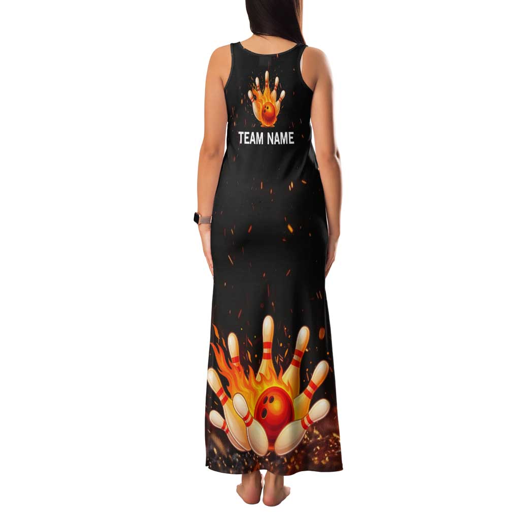 Flaming Bowling Ball Design Tank Maxi Dress with Strike Pins and Glowing Fire Sparks on Dark Background - Wonder Print Shop
