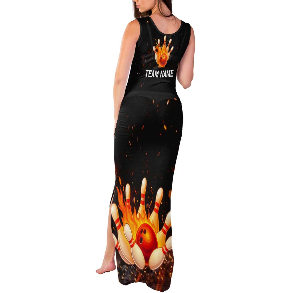 Flaming Bowling Ball Design Tank Maxi Dress with Strike Pins and Glowing Fire Sparks on Dark Background - Wonder Print Shop