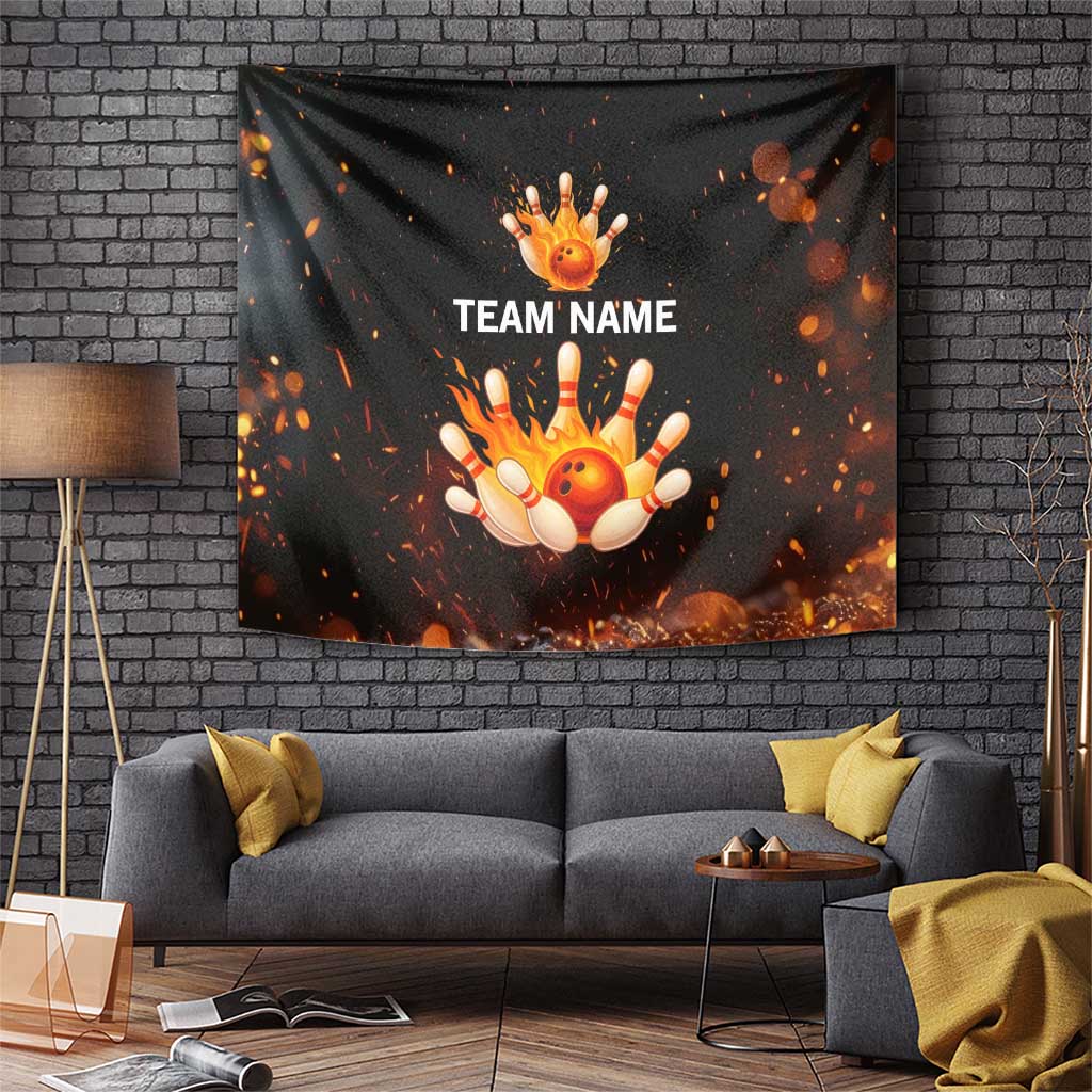 Flaming Bowling Ball Design Tapestry with Strike Pins and Glowing Fire Sparks on Dark Background - Wonder Print Shop
