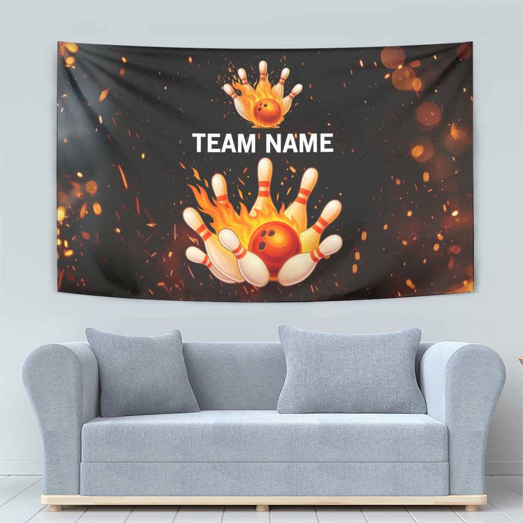 Flaming Bowling Ball Design Tapestry with Strike Pins and Glowing Fire Sparks on Dark Background - Wonder Print Shop