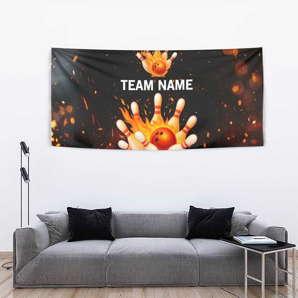 Flaming Bowling Ball Design Tapestry with Strike Pins and Glowing Fire Sparks on Dark Background - Wonder Print Shop