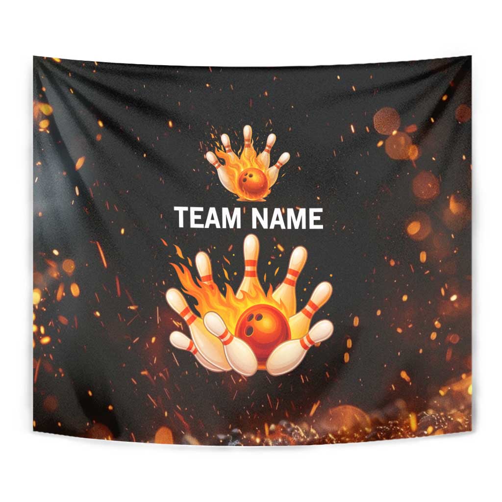 Flaming Bowling Ball Design Tapestry with Strike Pins and Glowing Fire Sparks on Dark Background - Wonder Print Shop