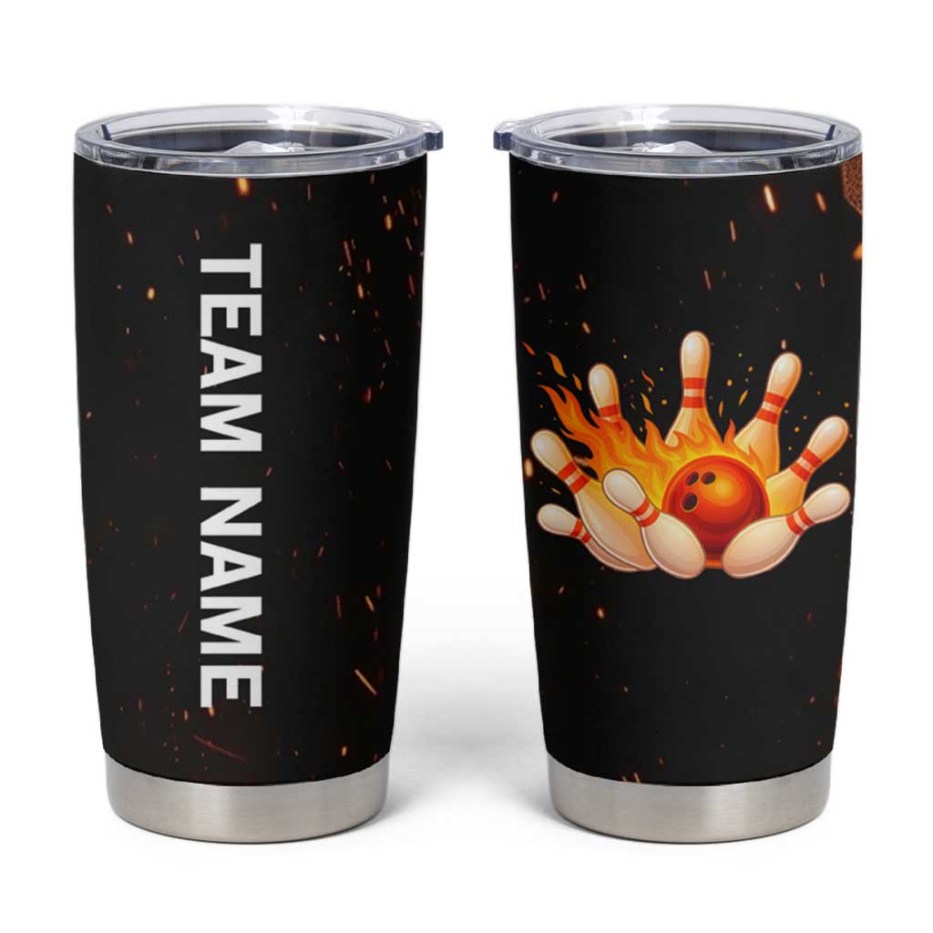 Flaming Bowling Ball Design Tumbler Cup with Strike Pins and Glowing Fire Sparks on Dark Background - Wonder Print Shop