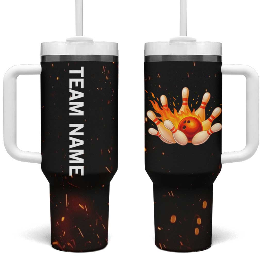 Flaming Bowling Ball Design Tumbler With Handle with Strike Pins and Glowing Fire Sparks on Dark Background - Wonder Print Shop
