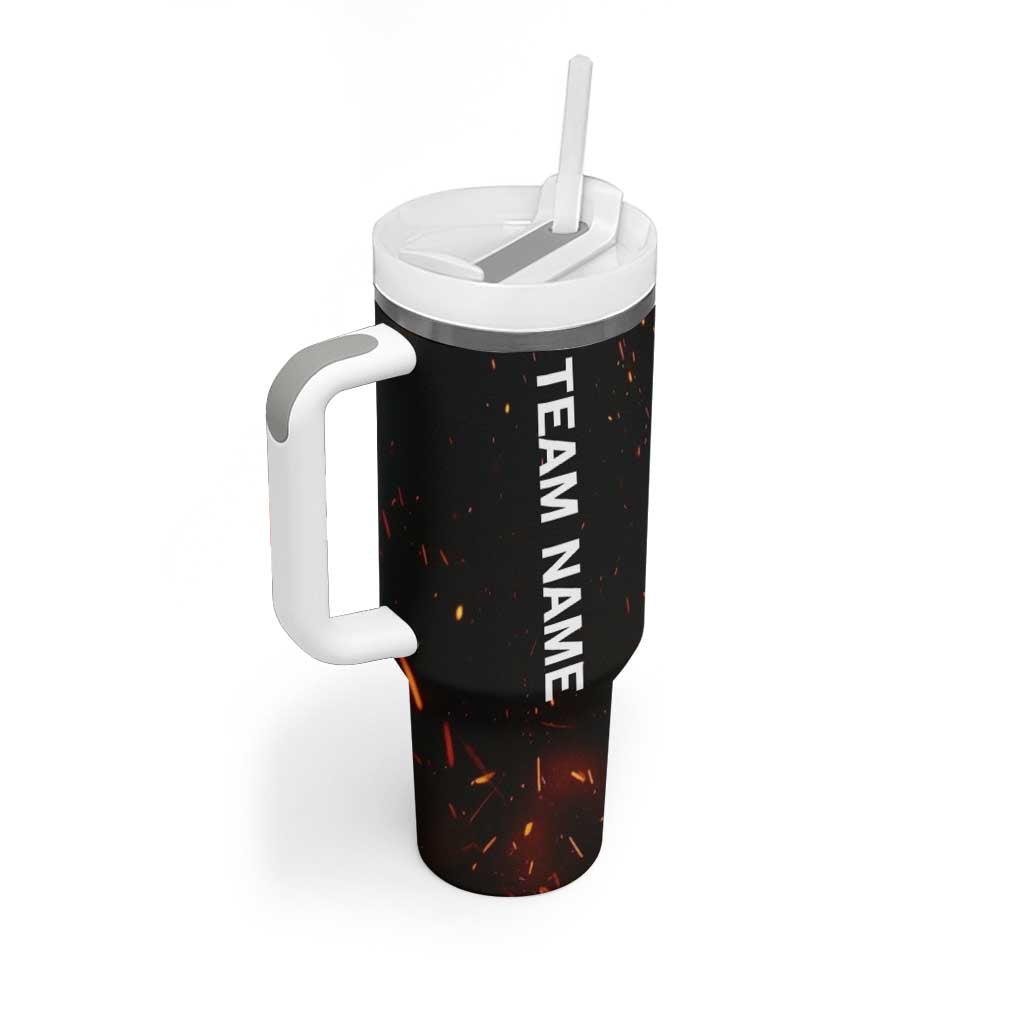 Flaming Bowling Ball Design Tumbler With Handle with Strike Pins and Glowing Fire Sparks on Dark Background - Wonder Print Shop