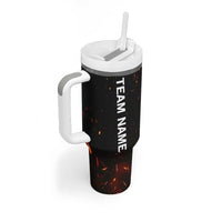 Flaming Bowling Ball Design Tumbler With Handle with Strike Pins and Glowing Fire Sparks on Dark Background - Wonder Print Shop