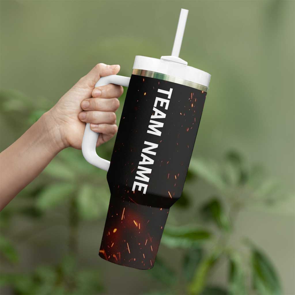 Flaming Bowling Ball Design Tumbler With Handle with Strike Pins and Glowing Fire Sparks on Dark Background - Wonder Print Shop