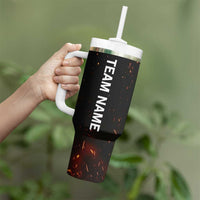 Flaming Bowling Ball Design Tumbler With Handle with Strike Pins and Glowing Fire Sparks on Dark Background - Wonder Print Shop