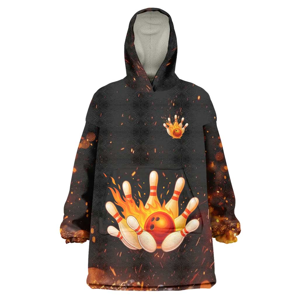 Flaming Bowling Ball Design Wearable Blanket Hoodie with Strike Pins and Glowing Fire Sparks on Dark Background - Wonder Print Shop