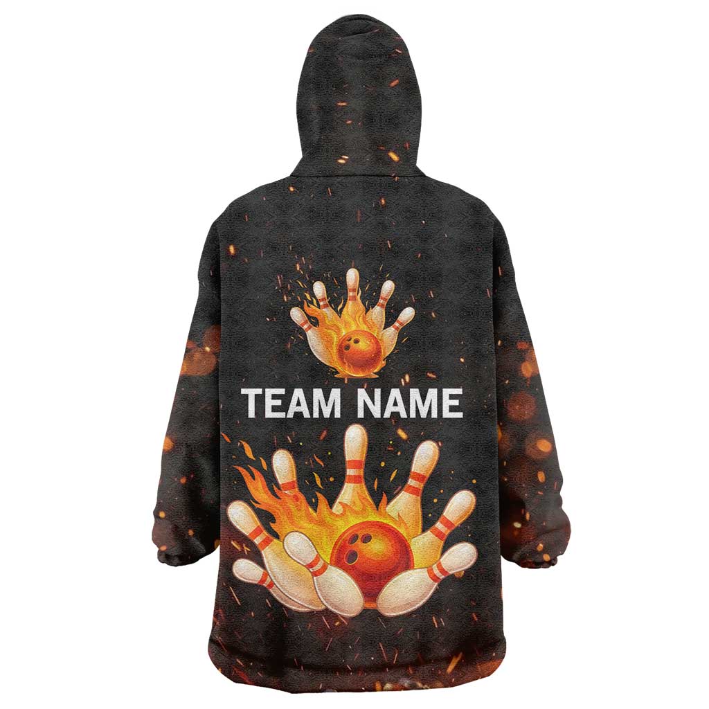 Flaming Bowling Ball Design Wearable Blanket Hoodie with Strike Pins and Glowing Fire Sparks on Dark Background - Wonder Print Shop