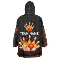 Flaming Bowling Ball Design Wearable Blanket Hoodie with Strike Pins and Glowing Fire Sparks on Dark Background - Wonder Print Shop