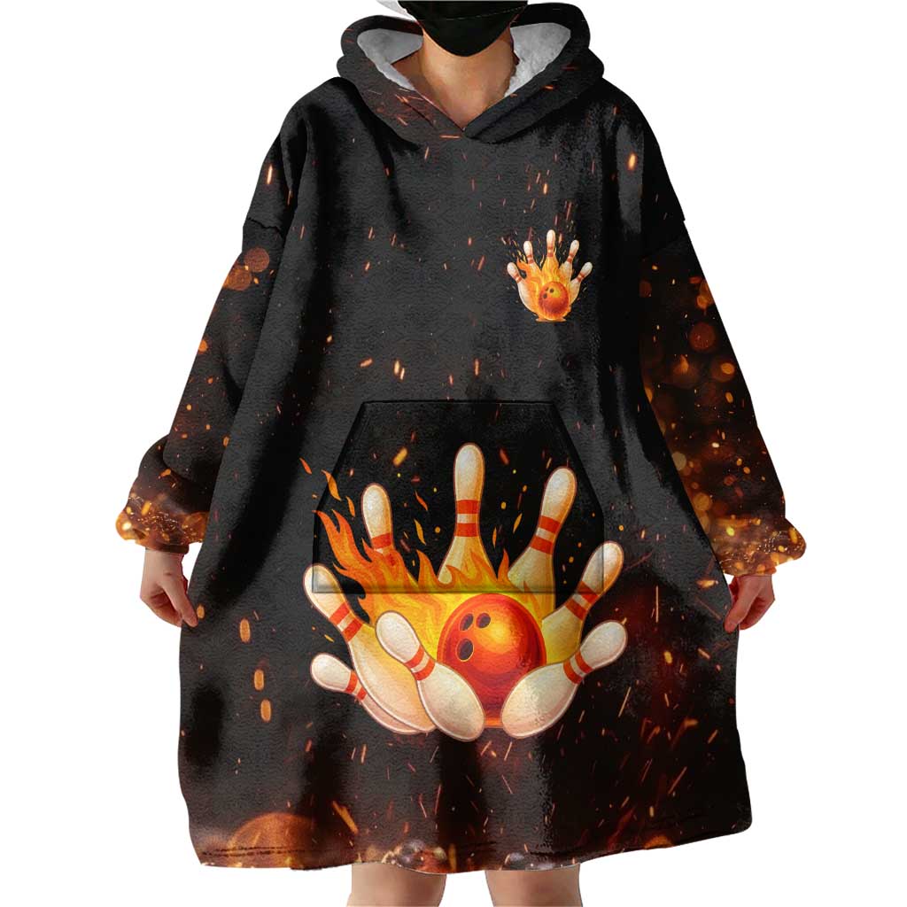 Flaming Bowling Ball Design Wearable Blanket Hoodie with Strike Pins and Glowing Fire Sparks on Dark Background - Wonder Print Shop