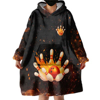 Flaming Bowling Ball Design Wearable Blanket Hoodie with Strike Pins and Glowing Fire Sparks on Dark Background - Wonder Print Shop