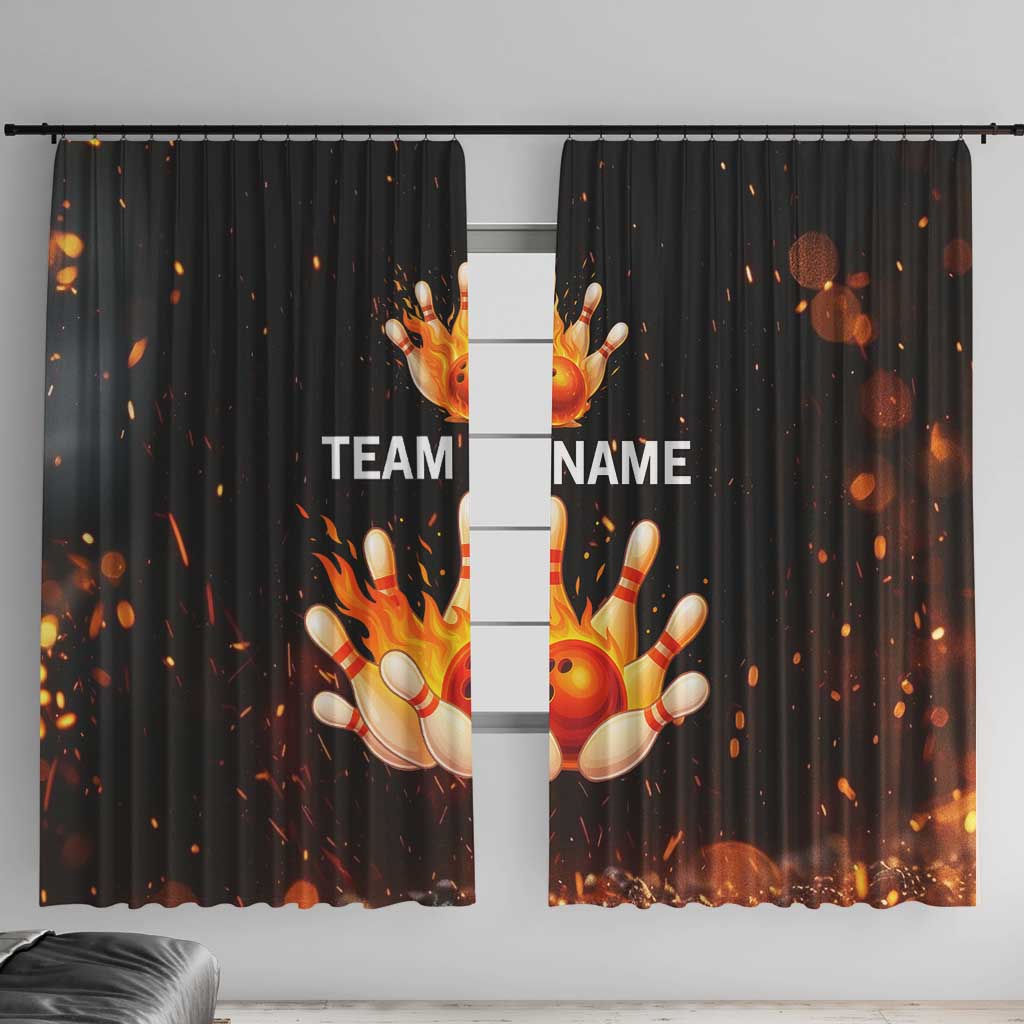 Flaming Bowling Ball Design Window Curtain with Strike Pins and Glowing Fire Sparks on Dark Background - Wonder Print Shop