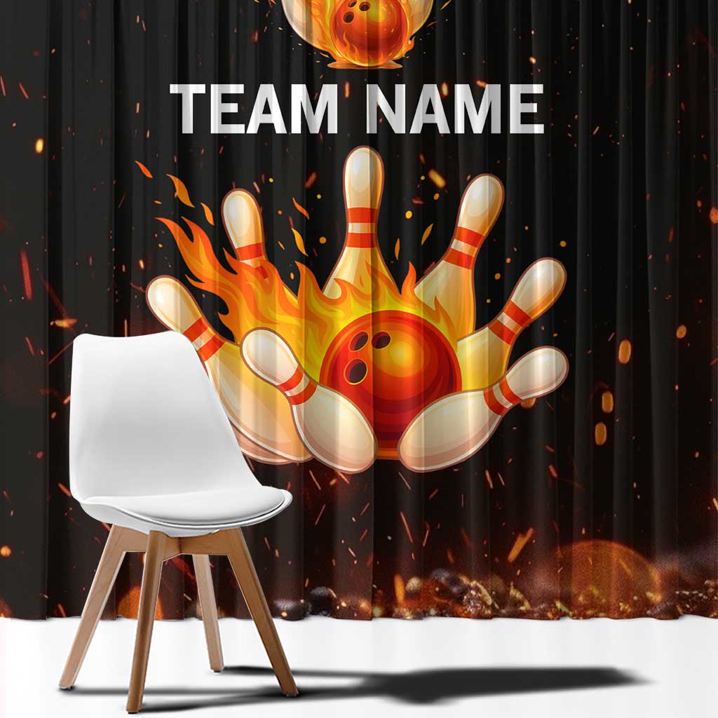 Flaming Bowling Ball Design Window Curtain with Strike Pins and Glowing Fire Sparks on Dark Background - Wonder Print Shop