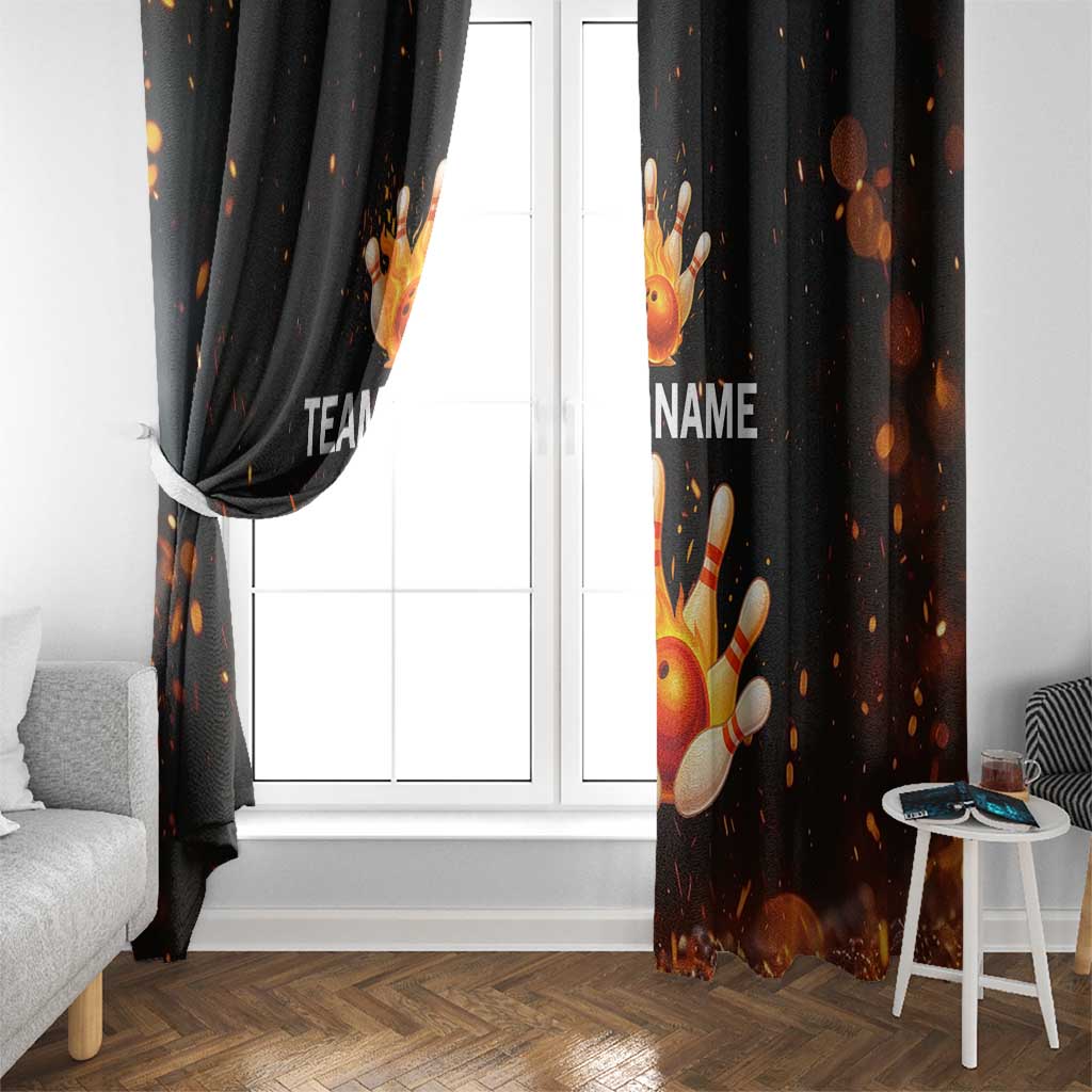 Flaming Bowling Ball Design Window Curtain with Strike Pins and Glowing Fire Sparks on Dark Background - Wonder Print Shop