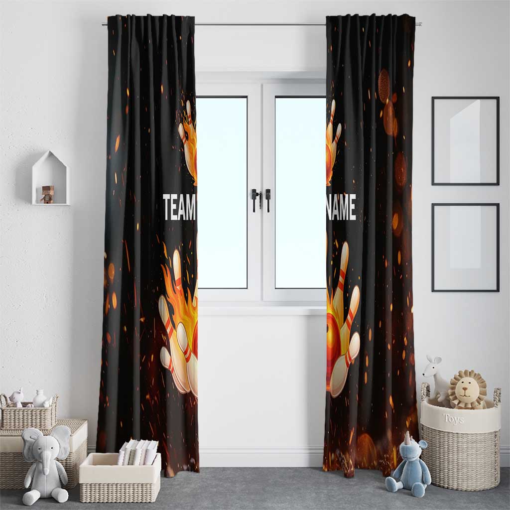 Flaming Bowling Ball Design Window Curtain with Strike Pins and Glowing Fire Sparks on Dark Background - Wonder Print Shop