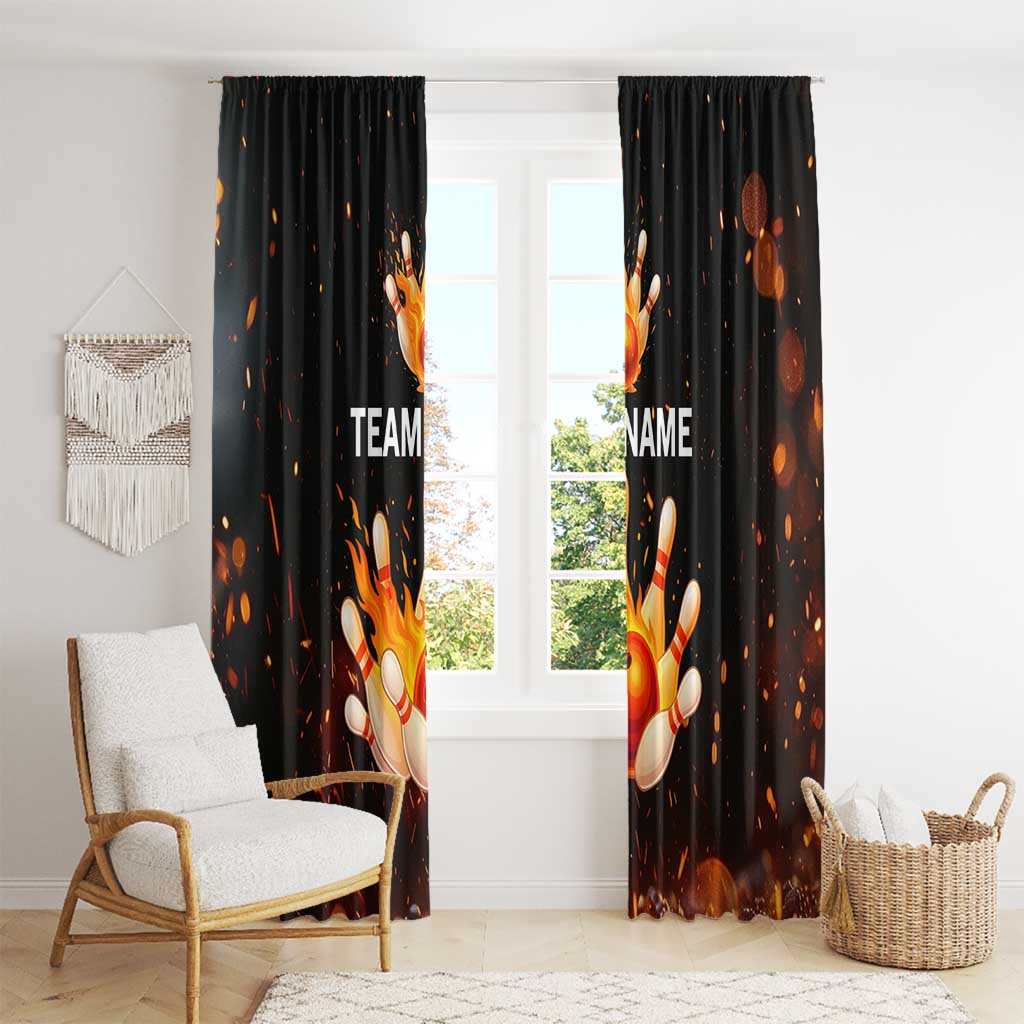 Flaming Bowling Ball Design Window Curtain with Strike Pins and Glowing Fire Sparks on Dark Background - Wonder Print Shop