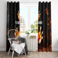 Flaming Bowling Ball Design Window Curtain with Strike Pins and Glowing Fire Sparks on Dark Background - Wonder Print Shop