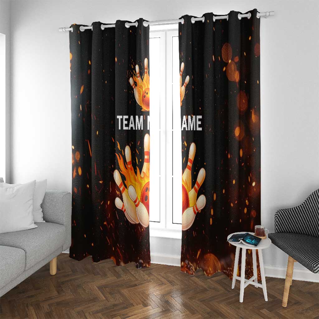 Flaming Bowling Ball Design Window Curtain with Strike Pins and Glowing Fire Sparks on Dark Background - Wonder Print Shop