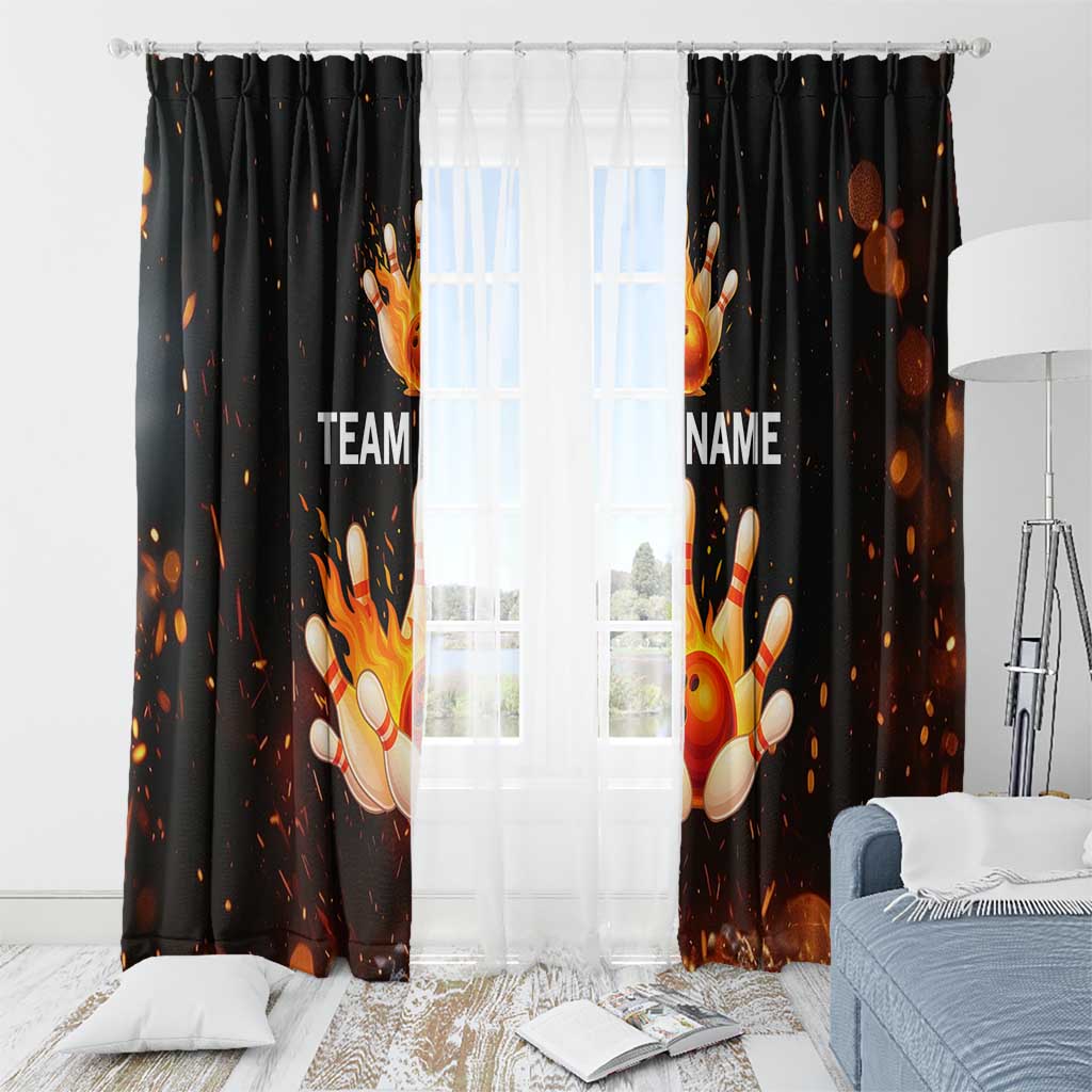 Flaming Bowling Ball Design Window Curtain with Strike Pins and Glowing Fire Sparks on Dark Background - Wonder Print Shop