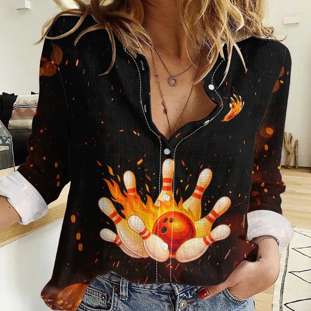 Flaming Bowling Ball Design Women Casual Shirt with Strike Pins and Glowing Fire Sparks on Dark Background - Wonder Print Shop