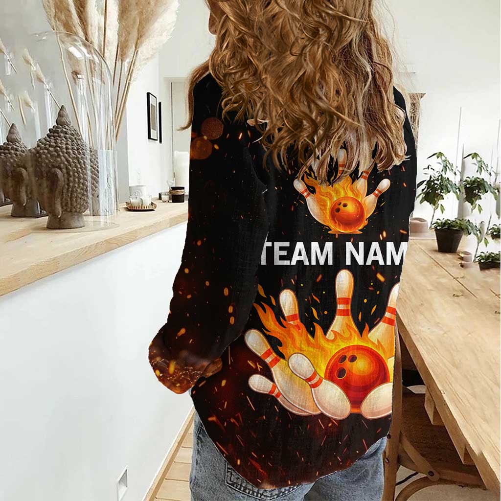 Flaming Bowling Ball Design Women Casual Shirt with Strike Pins and Glowing Fire Sparks on Dark Background - Wonder Print Shop