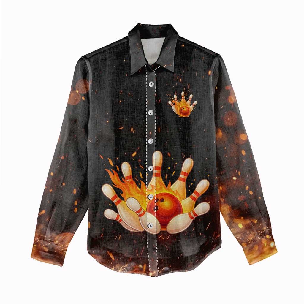 Flaming Bowling Ball Design Women Casual Shirt with Strike Pins and Glowing Fire Sparks on Dark Background - Wonder Print Shop