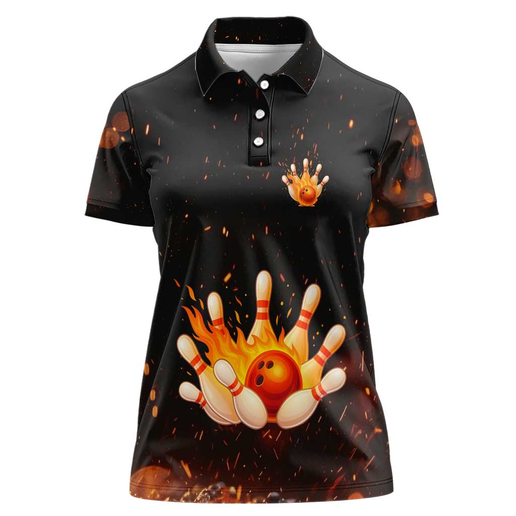 Flaming Bowling Ball Design Women Polo Shirt with Strike Pins and Glowing Fire Sparks on Dark Background - Wonder Print Shop