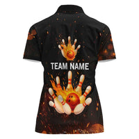 Flaming Bowling Ball Design Women Polo Shirt with Strike Pins and Glowing Fire Sparks on Dark Background - Wonder Print Shop