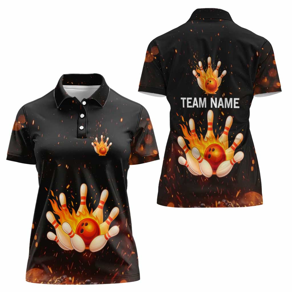 Flaming Bowling Ball Design Women Polo Shirt with Strike Pins and Glowing Fire Sparks on Dark Background - Wonder Print Shop